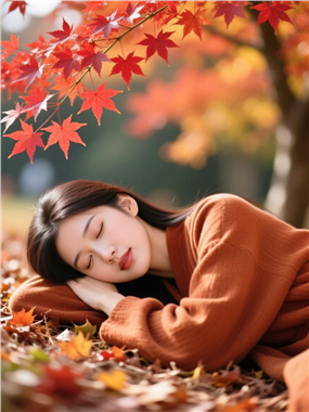 红枫树下躺着睡觉的美女图片